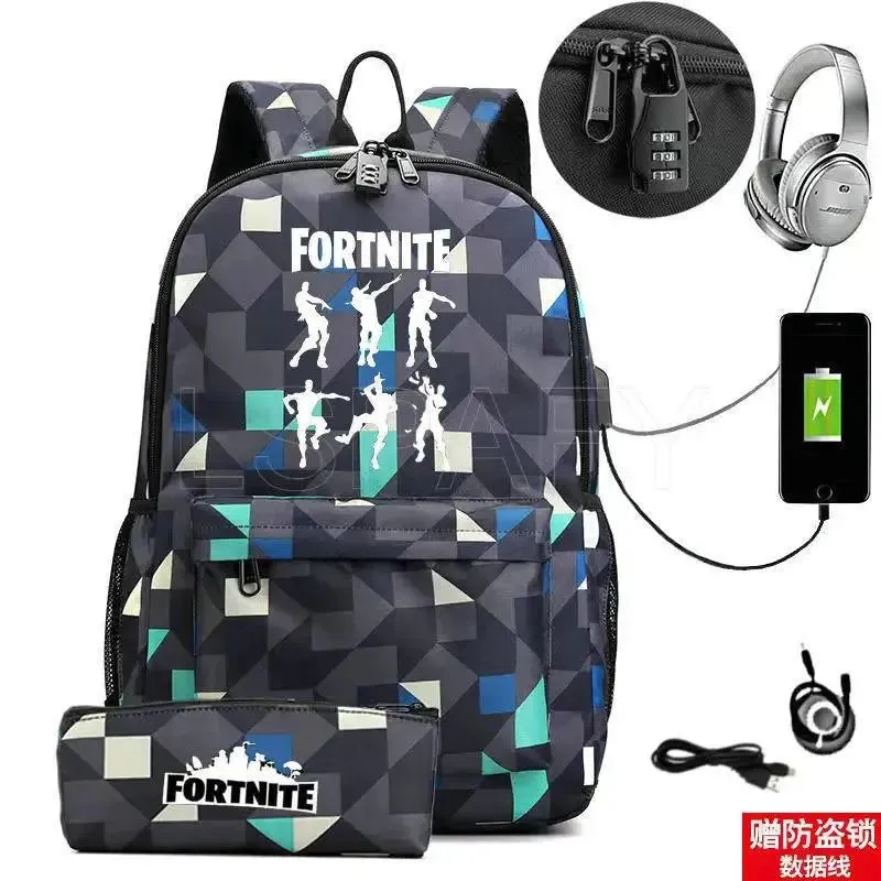 Hot Game FORTNITE Anime College School Bags Boys Girls USB Charging School Bag FORTNITE Schoolbag 2 pcs sets