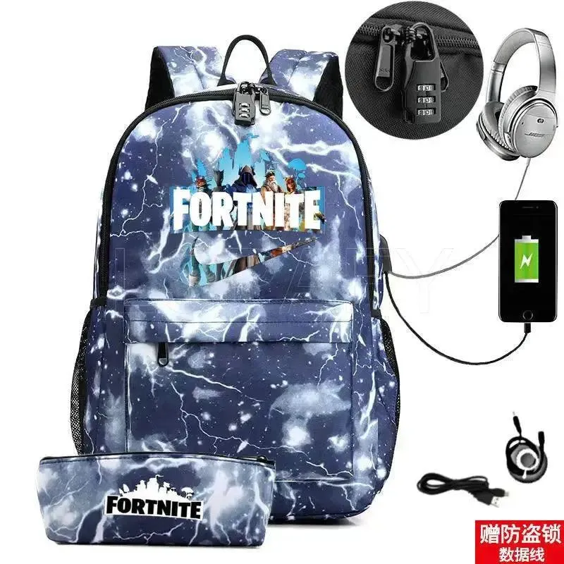 Hot Game FORTNITE Anime College School Bags Boys Girls USB Charging School Bag FORTNITE Schoolbag 2 pcs sets