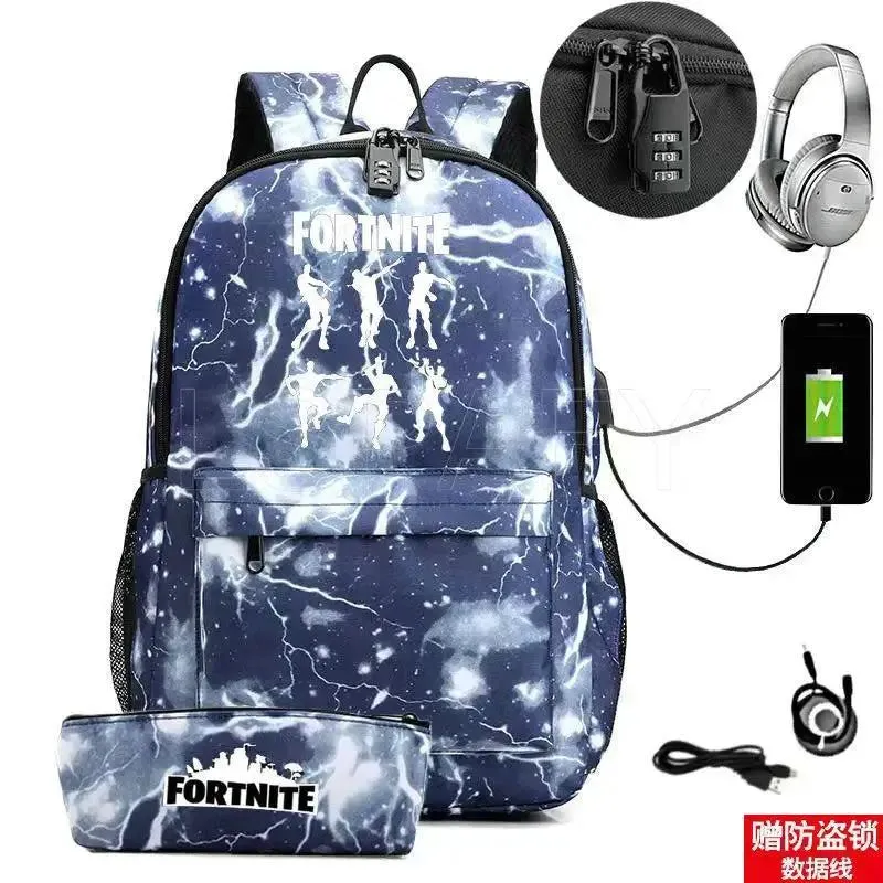 Hot Game FORTNITE Anime College School Bags Boys Girls USB Charging School Bag FORTNITE Schoolbag 2 pcs sets
