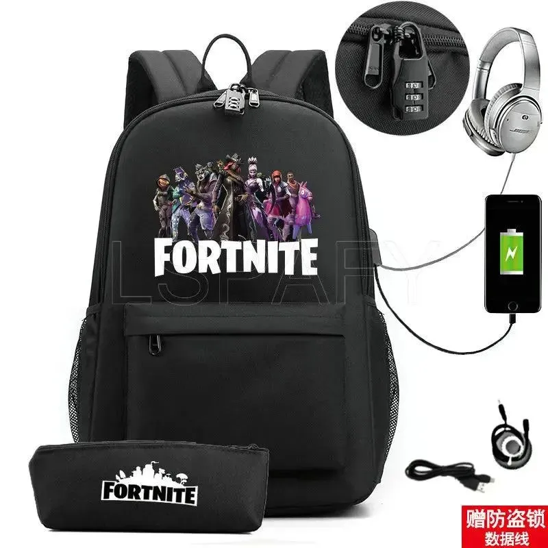 Hot Game FORTNITE Anime College School Bags Boys Girls USB Charging School Bag FORTNITE Schoolbag 2 pcs sets