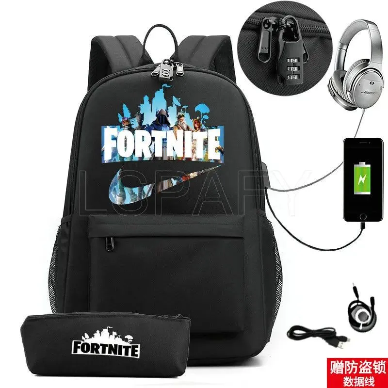 Hot Game FORTNITE Anime College School Bags Boys Girls USB Charging School Bag FORTNITE Schoolbag 2 pcs sets