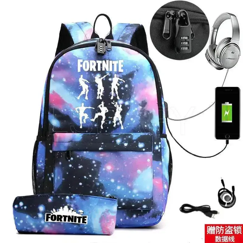 Hot Game FORTNITE Anime College School Bags Boys Girls USB Charging School Bag FORTNITE Schoolbag 2 pcs sets