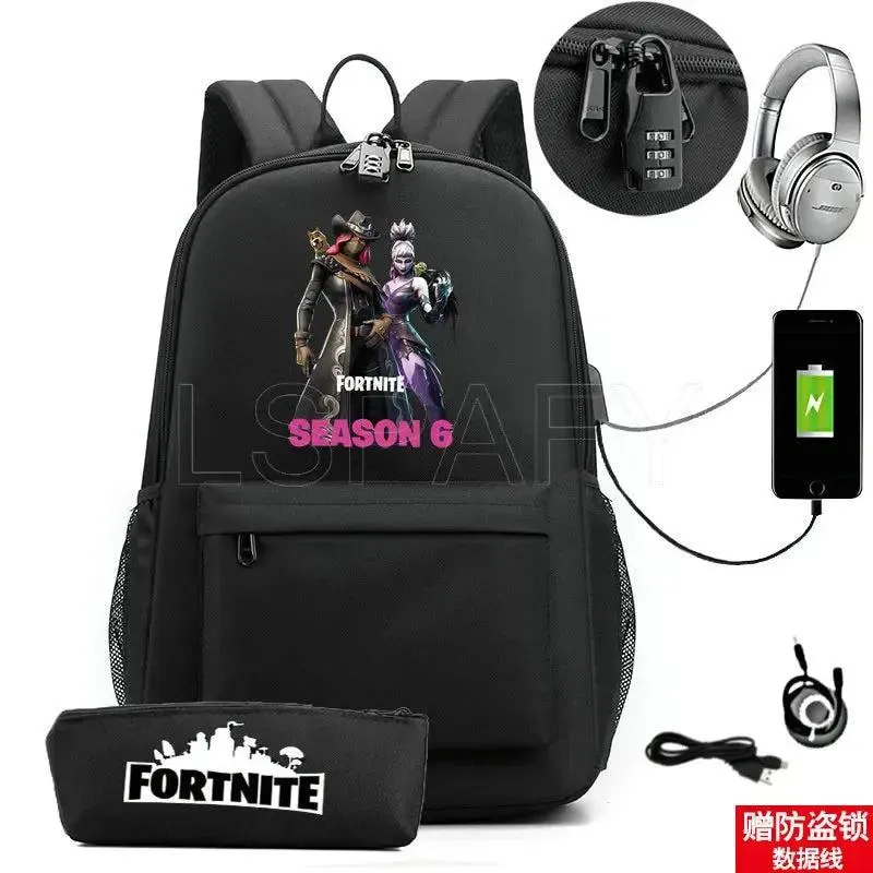 Hot Game FORTNITE Anime College School Bags Boys Girls USB Charging School Bag FORTNITE Schoolbag 2 pcs sets