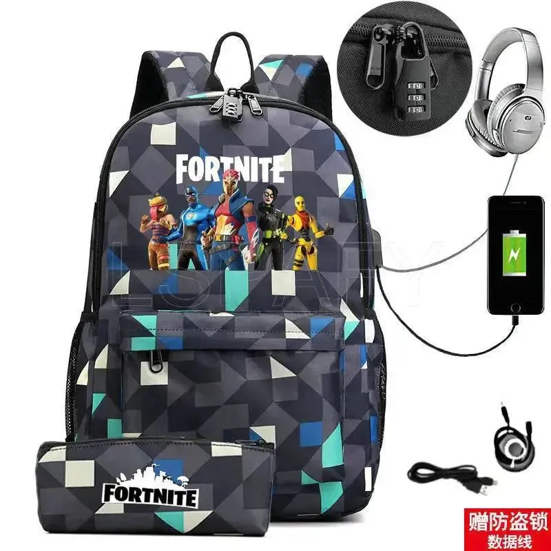 Hot Game FORTNITE Anime College School Bags Boys Girls USB Charging School Bag FORTNITE Schoolbag 2 pcs sets