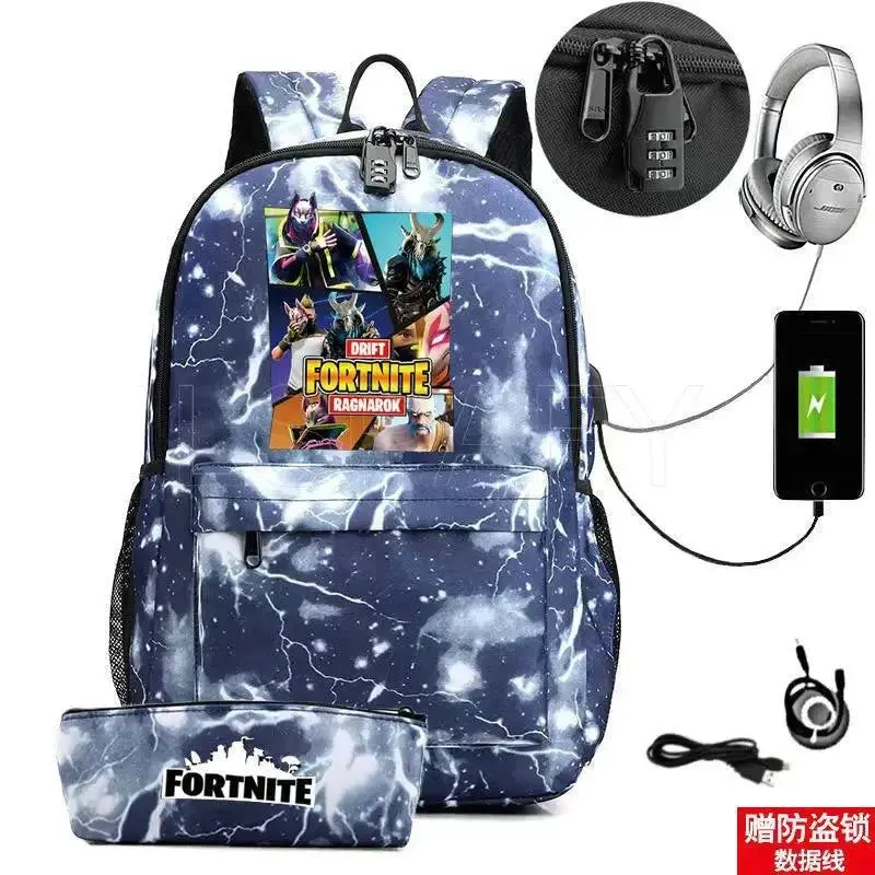 Hot Game FORTNITE Anime College School Bags Boys Girls USB Charging School Bag FORTNITE Schoolbag 2 pcs sets