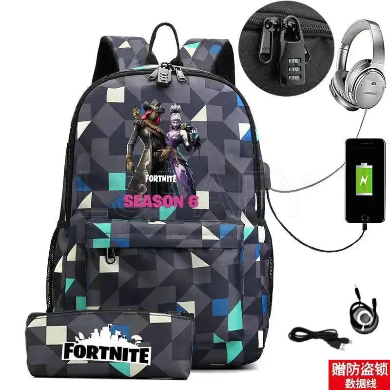 Hot Game FORTNITE Anime College School Bags Boys Girls USB Charging School Bag FORTNITE Schoolbag 2 pcs sets