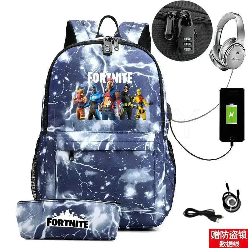 Hot Game FORTNITE Anime College School Bags Boys Girls USB Charging School Bag FORTNITE Schoolbag 2 pcs sets
