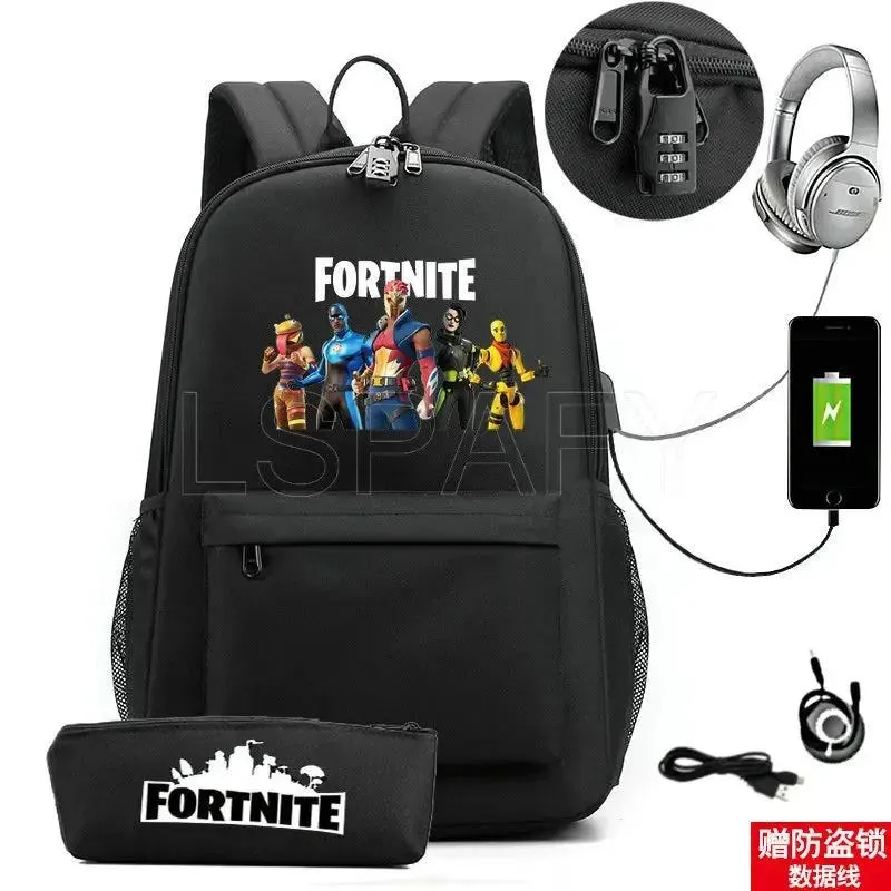 Hot Game FORTNITE Anime College School Bags Boys Girls USB Charging School Bag FORTNITE Schoolbag 2 pcs sets