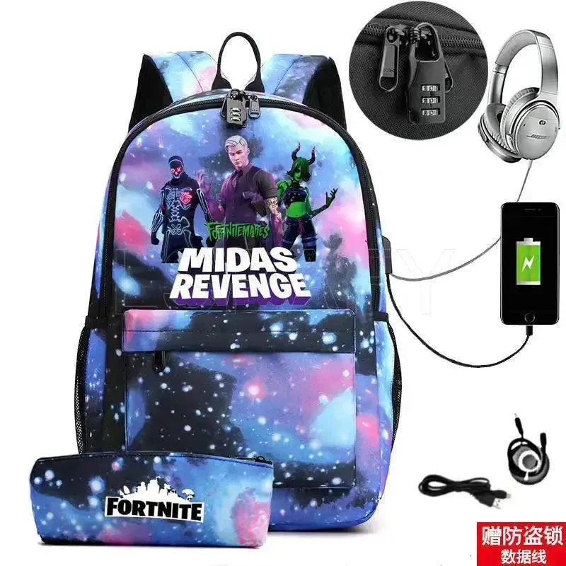 Hot Game FORTNITE Anime College School Bags Boys Girls USB Charging School Bag FORTNITE Schoolbag 2 pcs sets