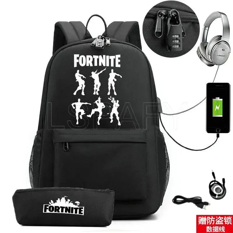 Hot Game FORTNITE Anime College School Bags Boys Girls USB Charging School Bag FORTNITE Schoolbag 2 pcs sets
