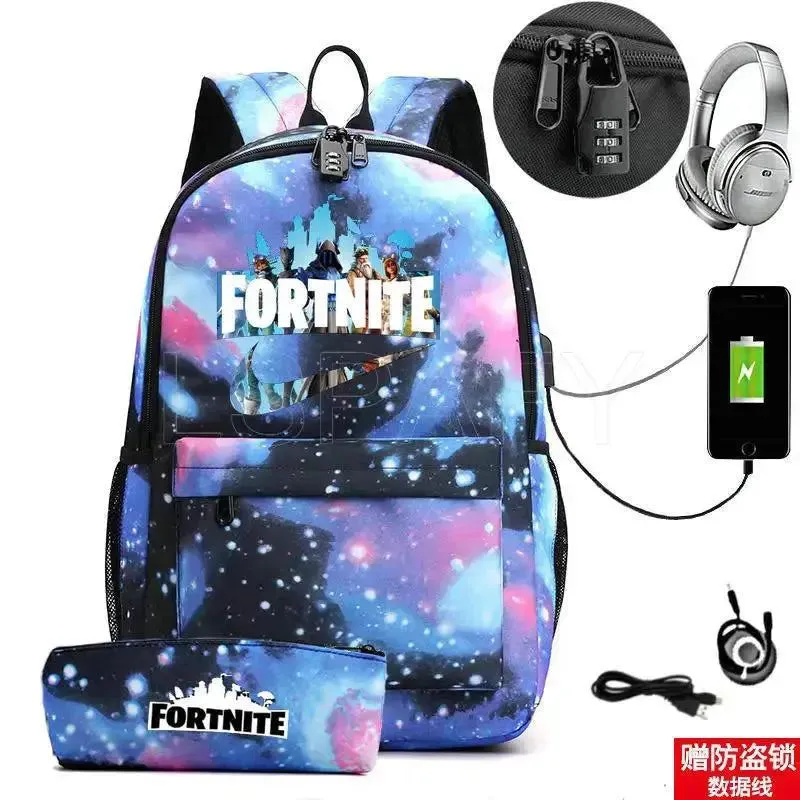Hot Game FORTNITE Anime College School Bags Boys Girls USB Charging School Bag FORTNITE Schoolbag 2 pcs sets