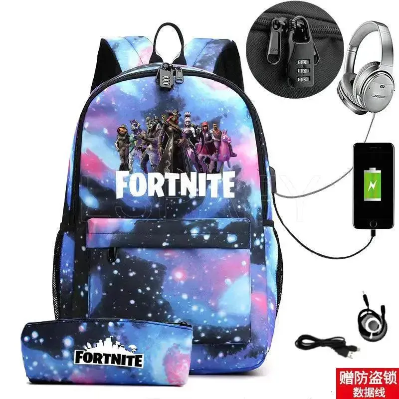 Hot Game FORTNITE Anime College School Bags Boys Girls USB Charging School Bag FORTNITE Schoolbag 2 pcs sets