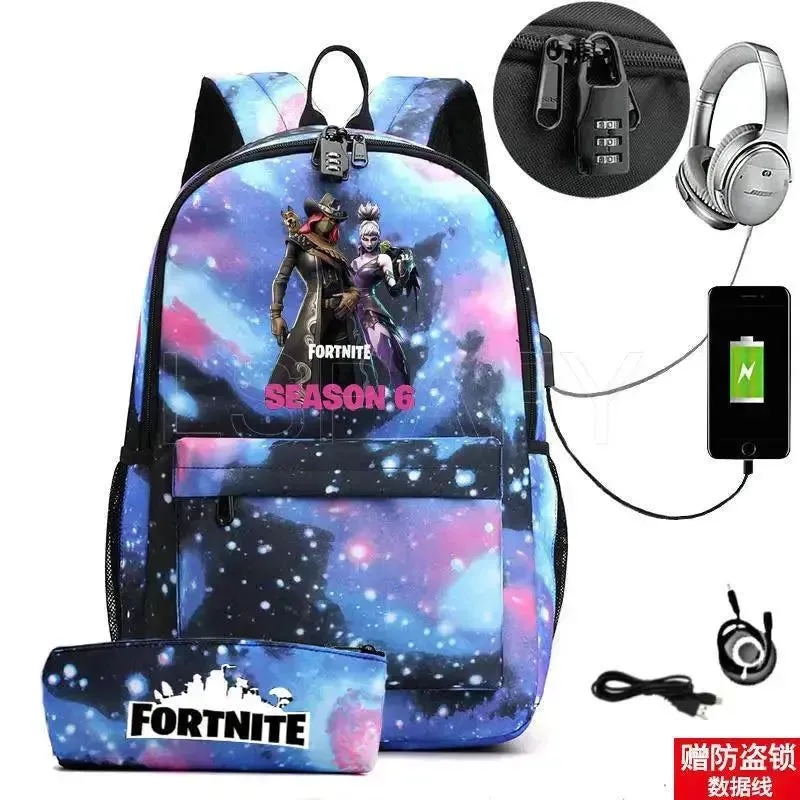 Hot Game FORTNITE Anime College School Bags Boys Girls USB Charging School Bag FORTNITE Schoolbag 2 pcs sets