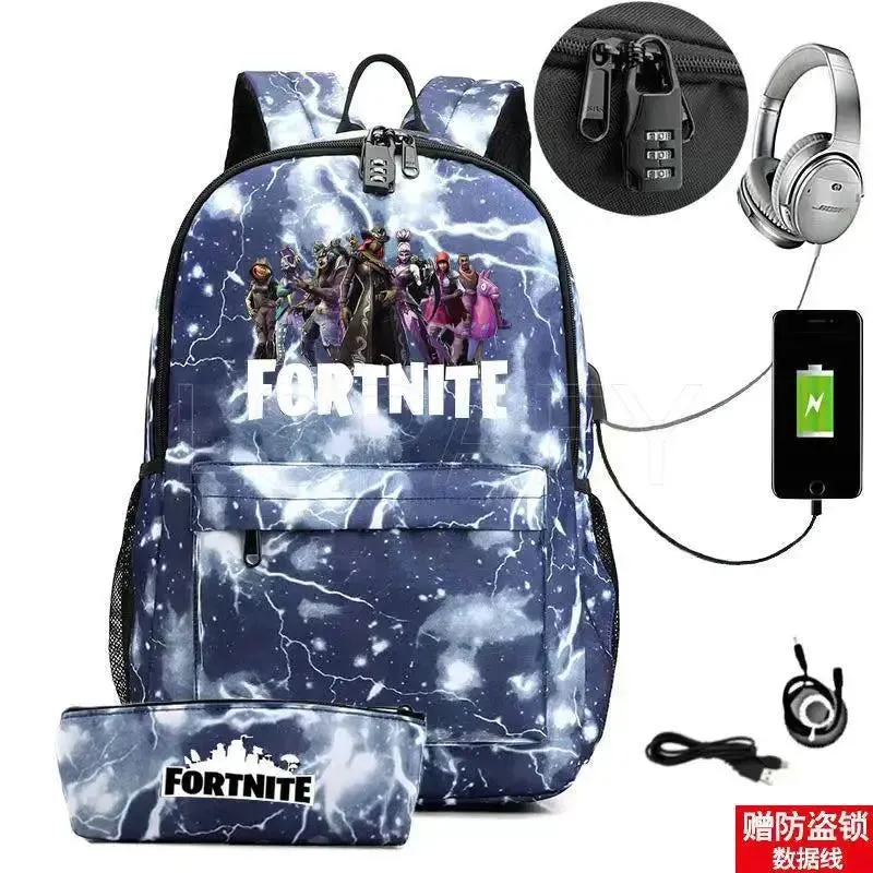 Hot Game FORTNITE Anime College School Bags Boys Girls USB Charging School Bag FORTNITE Schoolbag 2 pcs sets