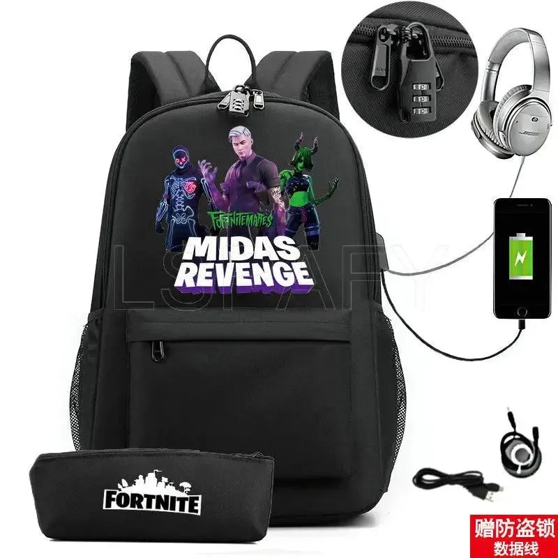 Hot Game FORTNITE Anime College School Bags Boys Girls USB Charging School Bag FORTNITE Schoolbag 2 pcs sets