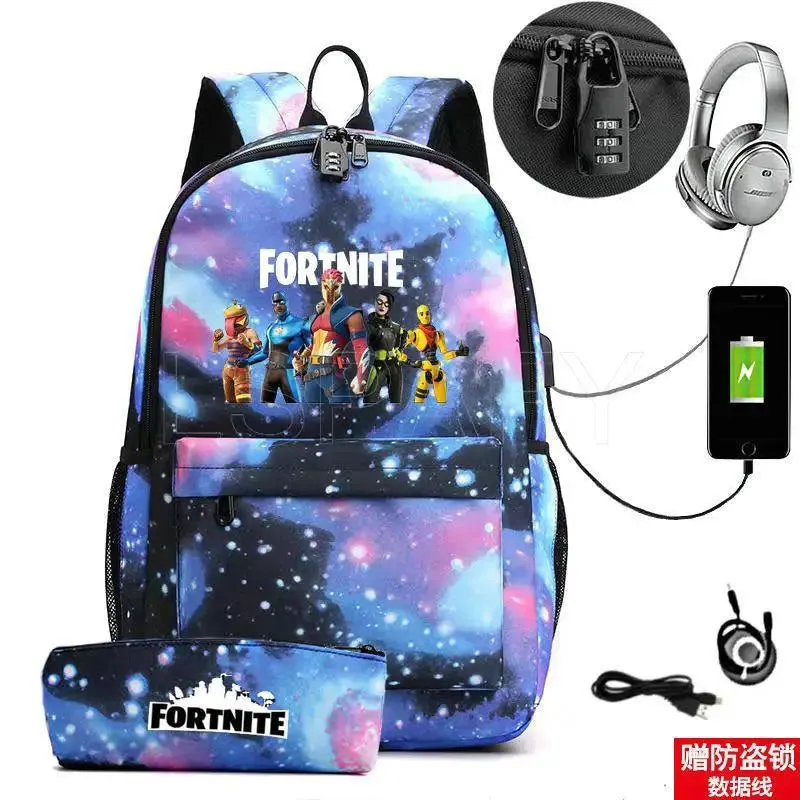 Hot Game FORTNITE Anime College School Bags Boys Girls USB Charging School Bag FORTNITE Schoolbag 2 pcs sets