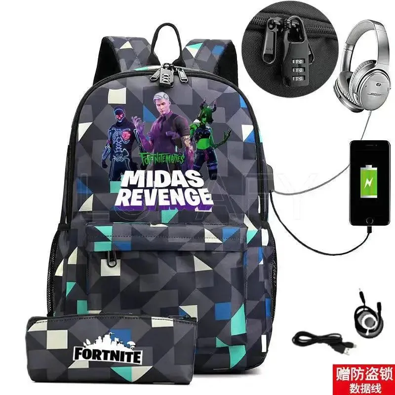 Hot Game FORTNITE Anime College School Bags Boys Girls USB Charging School Bag FORTNITE Schoolbag 2 pcs sets