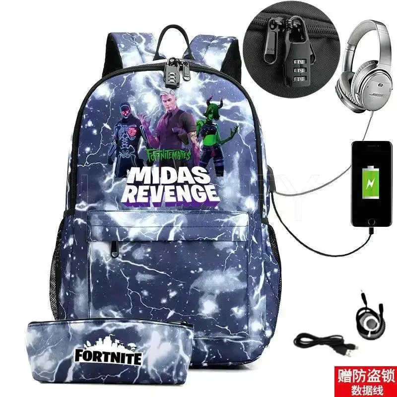 Hot Game FORTNITE Anime College School Bags Boys Girls USB Charging School Bag FORTNITE Schoolbag 2 pcs sets