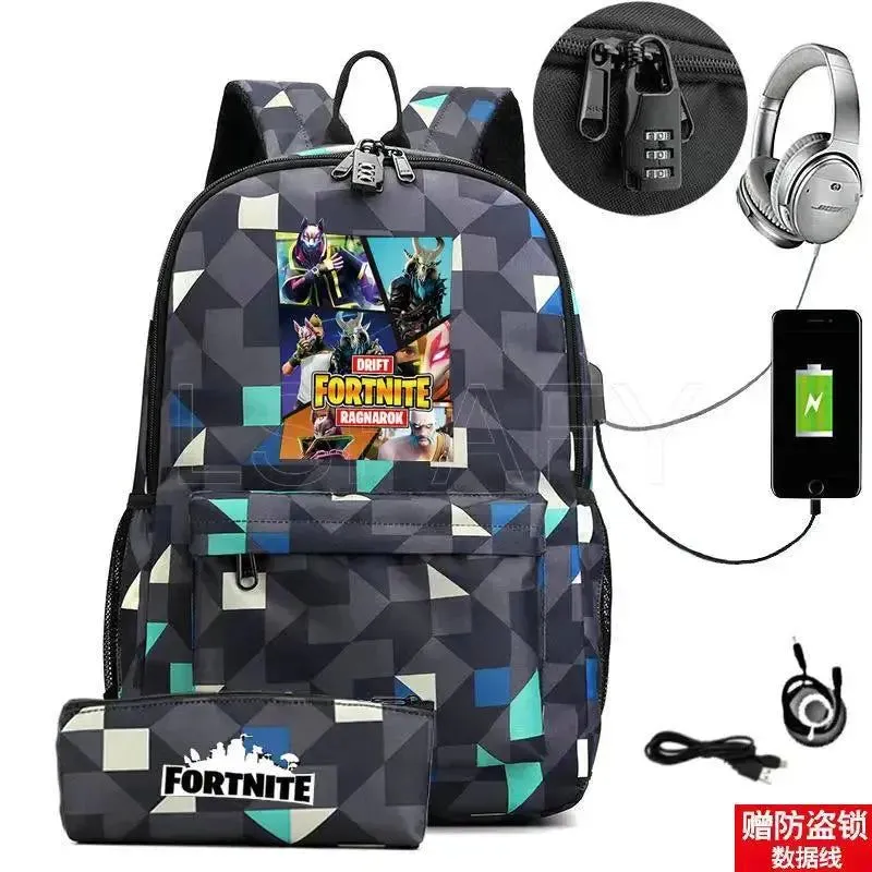 Hot Game FORTNITE Anime College School Bags Boys Girls USB Charging School Bag FORTNITE Schoolbag 2 pcs sets