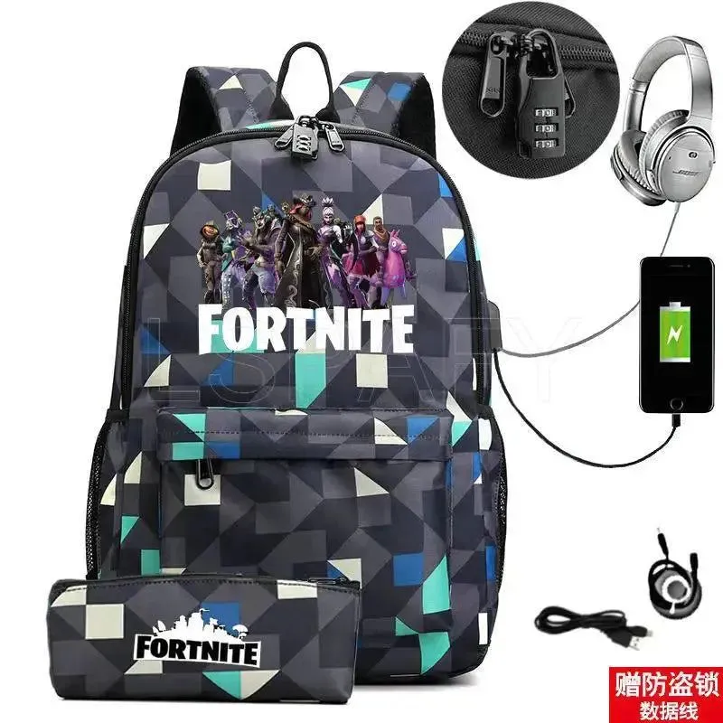 Hot Game FORTNITE Anime College School Bags Boys Girls USB Charging School Bag FORTNITE Schoolbag 2 pcs sets