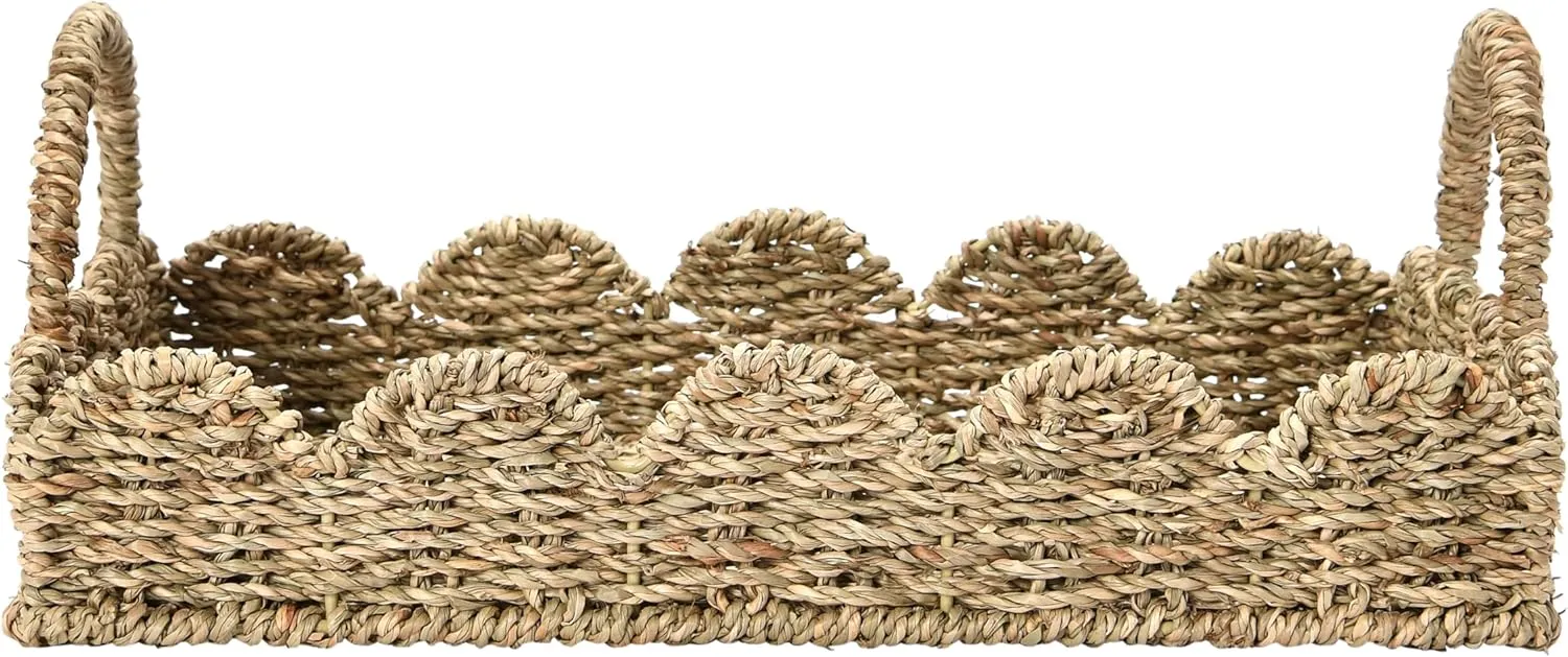 Household Essentials Handwoven Tray with Scalloped Edge and Handles, Natural
