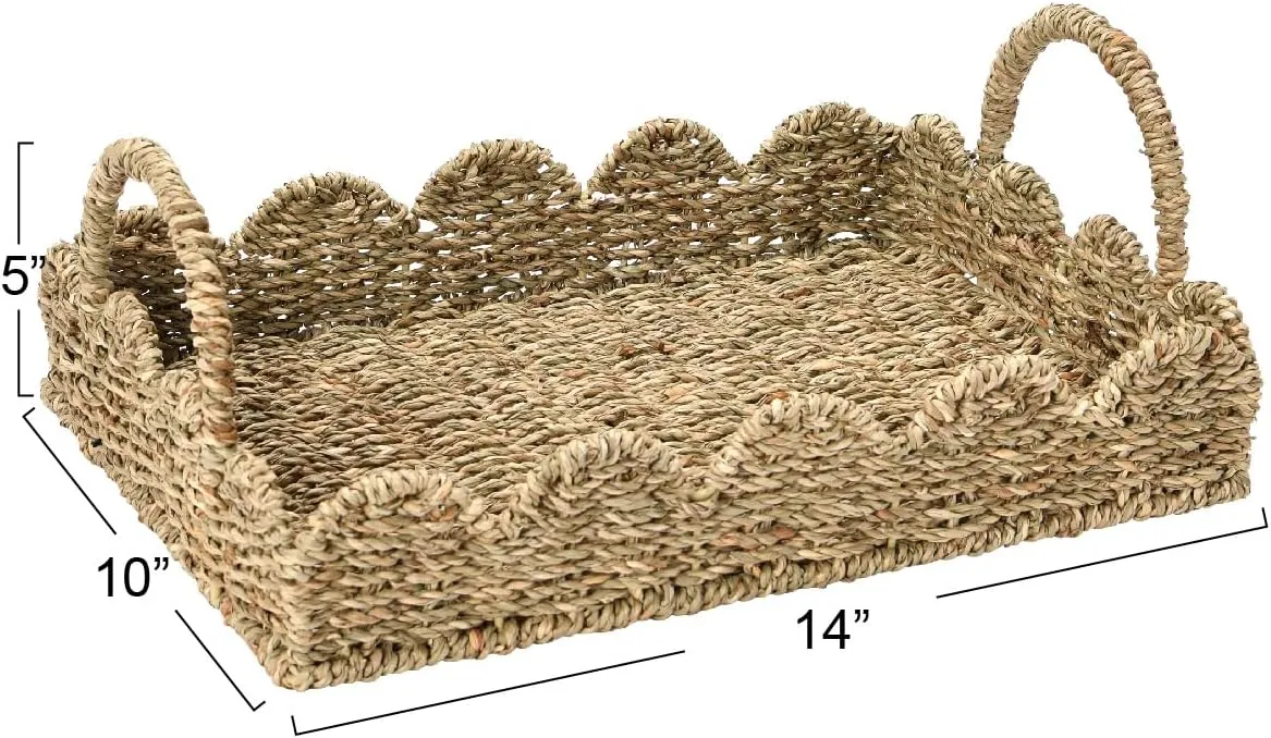 Household Essentials Handwoven Tray with Scalloped Edge and Handles, Natural