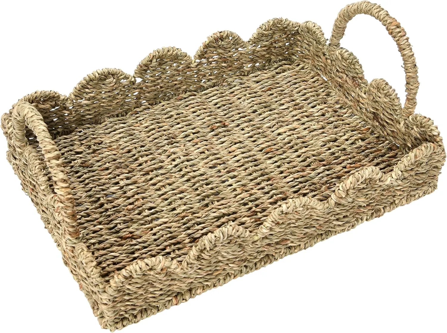 Household Essentials Handwoven Tray with Scalloped Edge and Handles, Natural