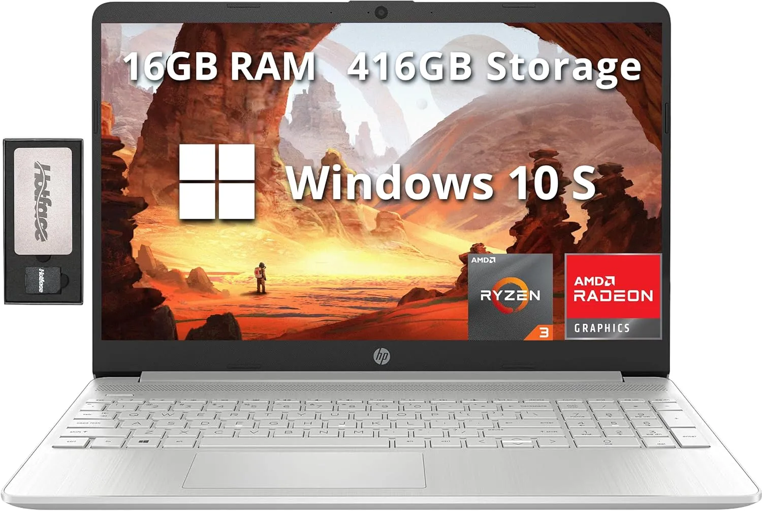 HP 15.6" FHD Laptop, AMD Ryzen 3-3250U Processor, 16GB RAM, 416GB Storage(256GB SSD   160GB Docking Station Set), AMD Radeon Graphics, Numeric Keypad, 720p HD Webcam, WiFi, Windows 10S, Silver