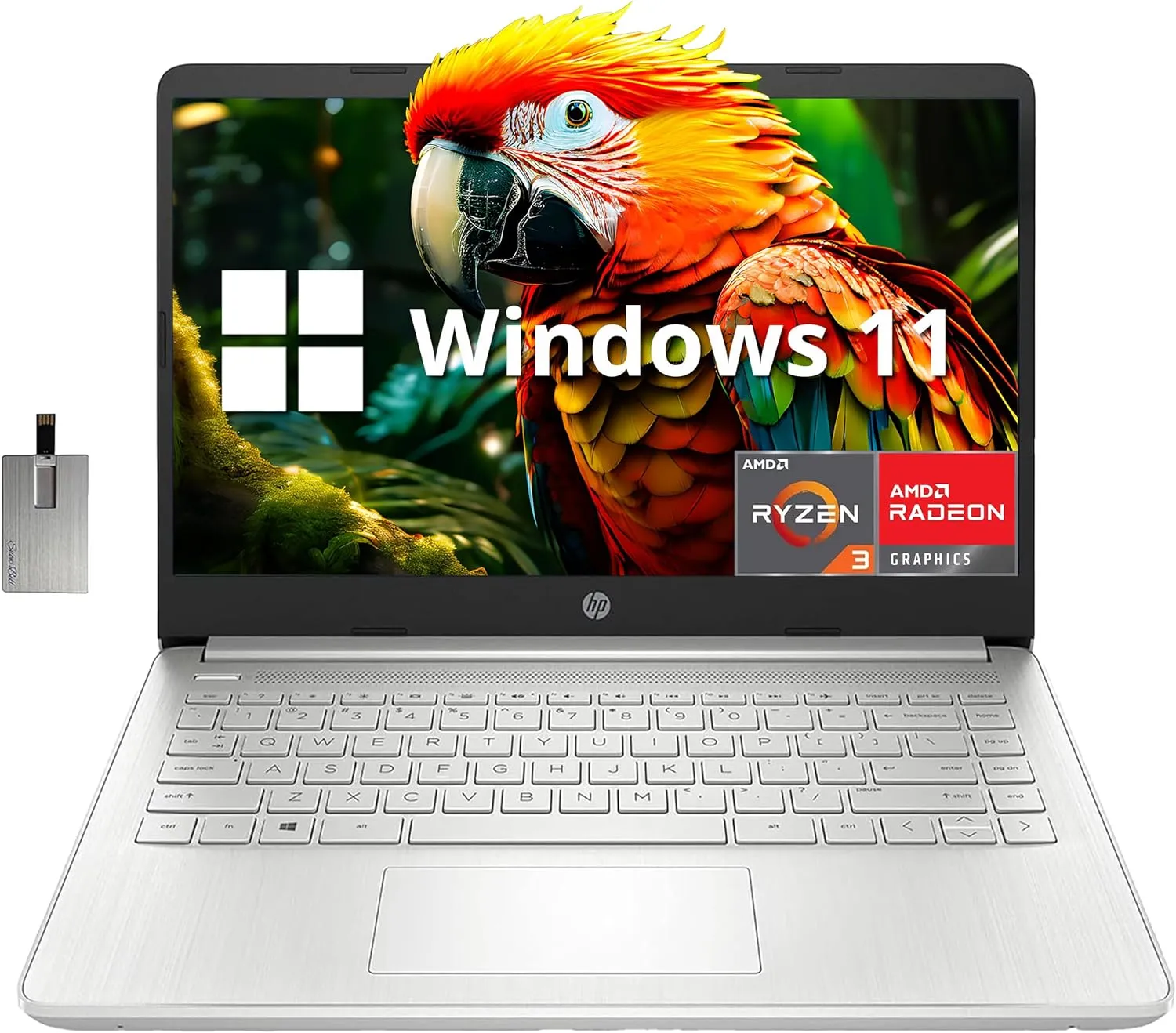 HP 2022 14" FHD IPS Display Laptop, AMD Ryzen 3-3250U, 8GB RAM, 128GB PCIe SSD, AMD Radeon Graphics, True Vision HD Camera, Wi-Fi 5 and Bluetooth, Windows 11 S, Silver, 32GB Snow Bell USB Card
