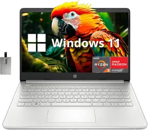 HP 2022 14" FHD IPS Display Laptop, AMD Ryzen 3-3250U, 8GB RAM, 128GB PCIe SSD, AMD Radeon Graphics, True Vision HD Camera, Wi-Fi 5 and Bluetooth, Windows 11 S, Silver, 32GB Snow Bell USB Card