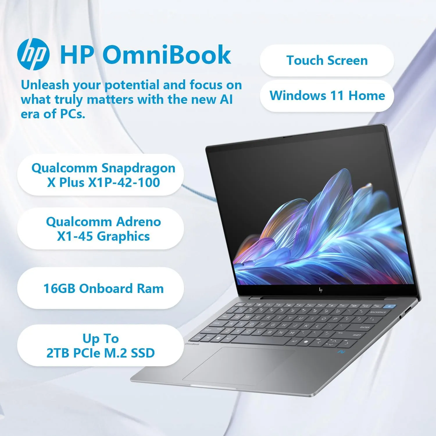 HP 2025 OmniBook X Copliot Next Gen AI Business Laptop, 14" 2.2K Touchscreen, 8 core Qualcomm Snapdragon X Plus X1P-42-100, 16GB RAM, 1TB SSD, Wi-Fi 6 Win11H, Bundle with ADATA 512GB External SSD