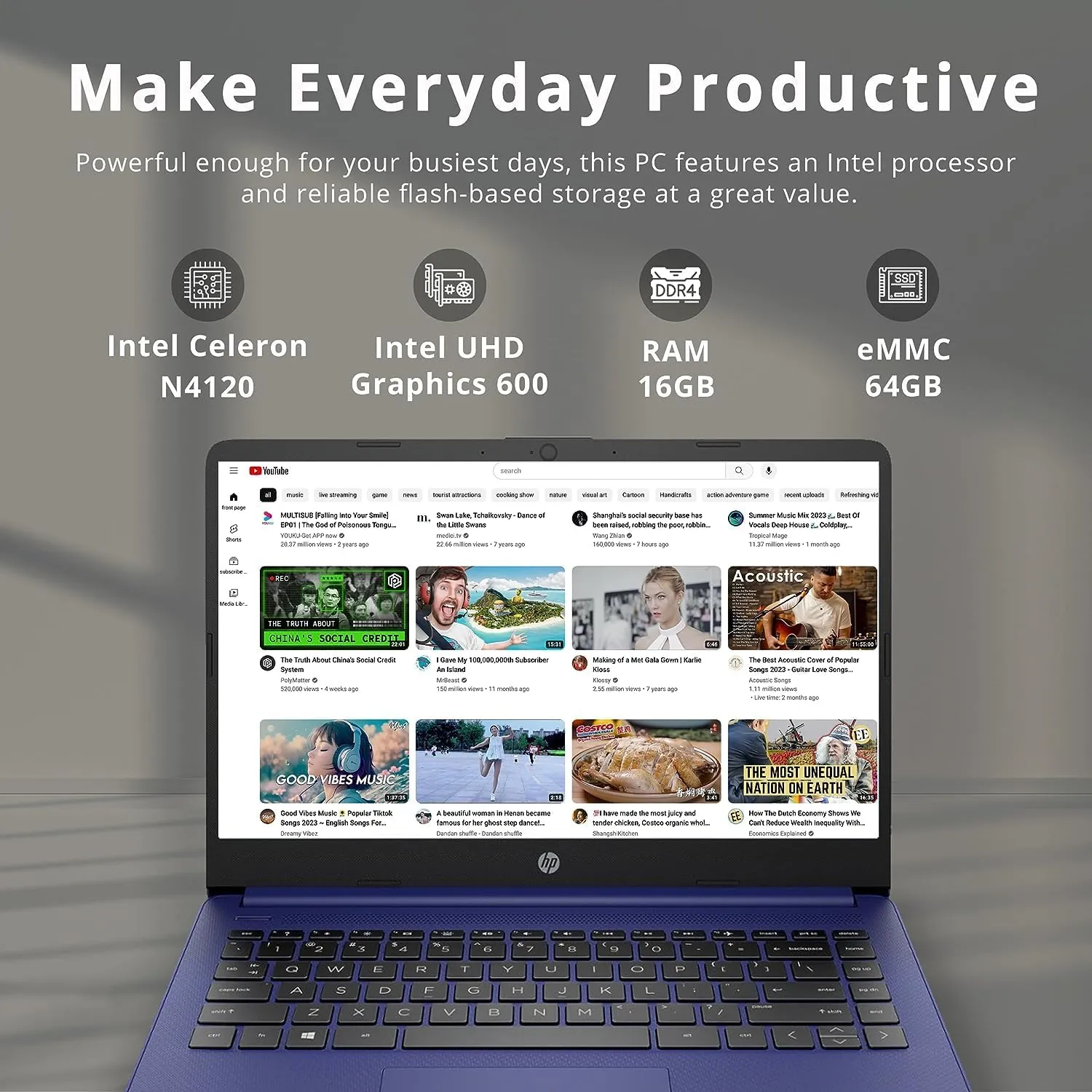 HP Premium 14" Stream HD Laptop, Intel Celeron N4120 CPU, 16GB RAM, 64GB eMMC, Webcam, Intel UHD Graphics, 1 Year Office, Bluetooth, WiFi, HDMI, Windows 11s, Blue, 32GB Hotface USB Card
