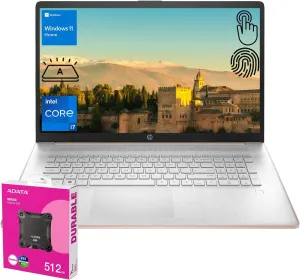 HP Premium 17.3" Laptop, 17.3" HD  Touchscreen, Intel Core i7-1355U, 64GB RAM, 2TB SSD, Webcam, HDMI, Backlit KB, FP Reader, Wi-Fi 6, Win 11 H, Pale Rose Gold, ADATA 512 External SSD Bundle