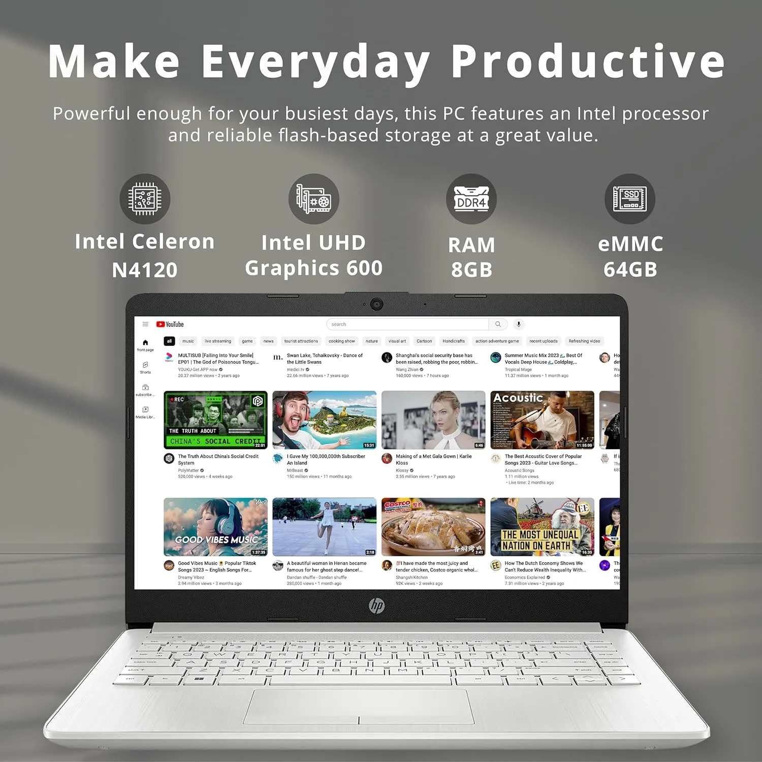 HP Premium Stream 14" HD BrightView Laptop, Intel Celeron N4120, 8GB RAM, 64GB eMMC, Intel UHD Graphics, 1 Year Office 365, WiFi 5, Bluetooth, HD Webcam, Win 11s, Silver, 32GB Hotface USB Card