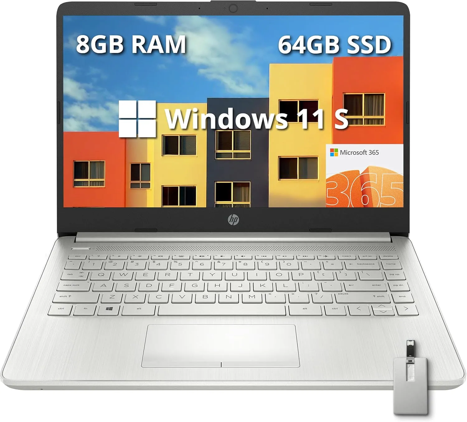 HP Premium Stream 14" HD BrightView Laptop, Intel Celeron N4120, 8GB RAM, 64GB eMMC, Intel UHD Graphics, 1 Year Office 365, WiFi 5, Bluetooth, HD Webcam, Win 11s, Silver, 32GB Hotface USB Card