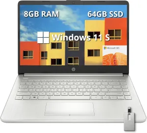 HP Premium Stream 14" HD BrightView Laptop, Intel Celeron N4120, 8GB RAM, 64GB eMMC, Intel UHD Graphics, 1 Year Office 365, WiFi 5, Bluetooth, HD Webcam, Win 11s, Silver, 32GB Hotface USB Card