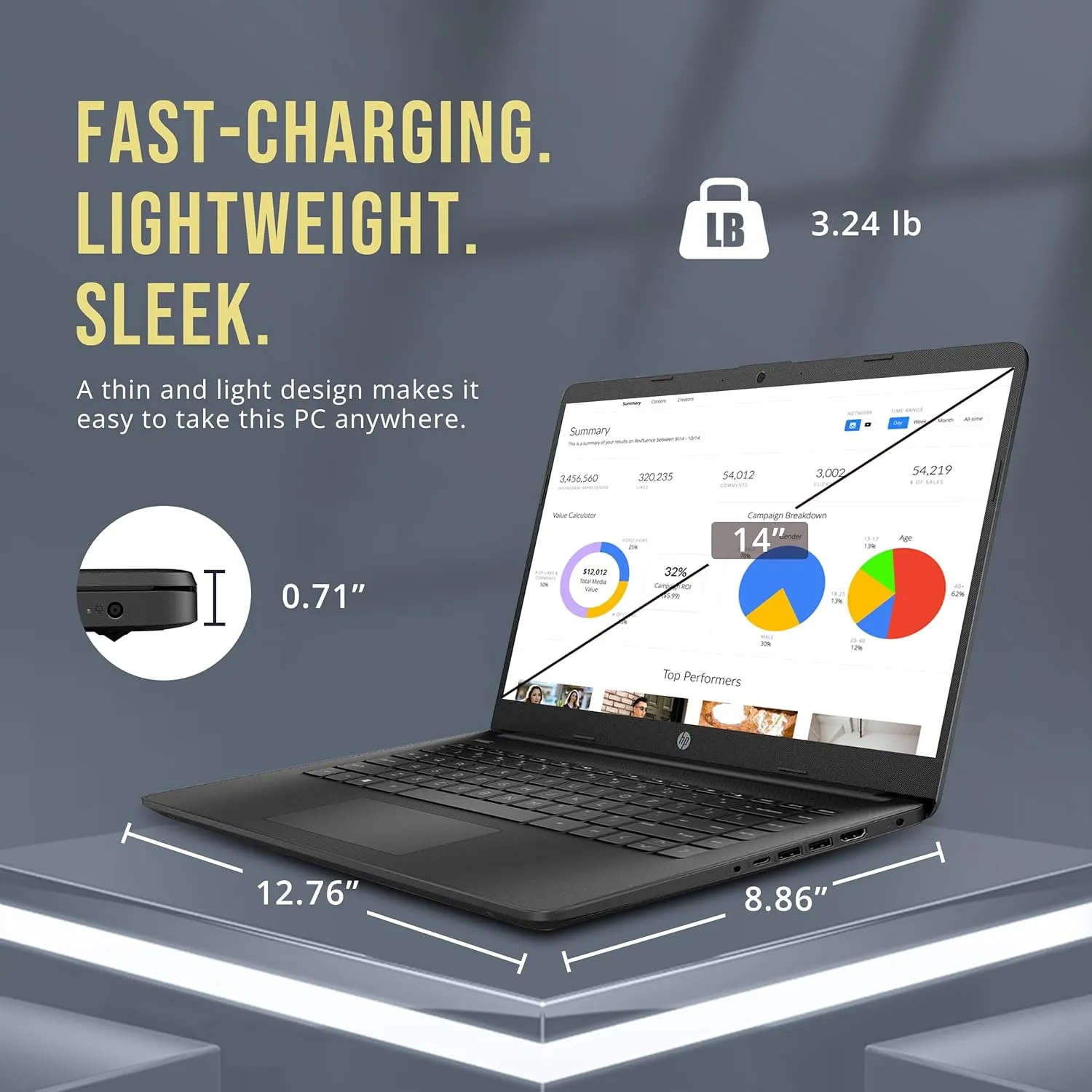 HP Stream 14" HD BrightView Laptop, Intel Celeron N4120, 16GB RAM, 256GB Storage (128GB eMMc 128GB USB Card), Intel UHD Graphics, 720p HD Webcam, 1 Year Office 365, Bluetooth, WiFi, Win 11s, Black