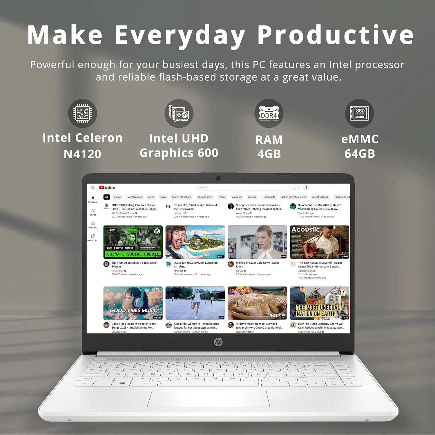 HP Stream 14" HD Laptop, Intel Celeron N4120 Processor, 4GB RAM, 64GB eMMC, HD Audio, HD Webcam, Intel UHD Graphics 600, 1 Year Office, HDMI, Win 11 S, White, 32GB Hotface USB Card