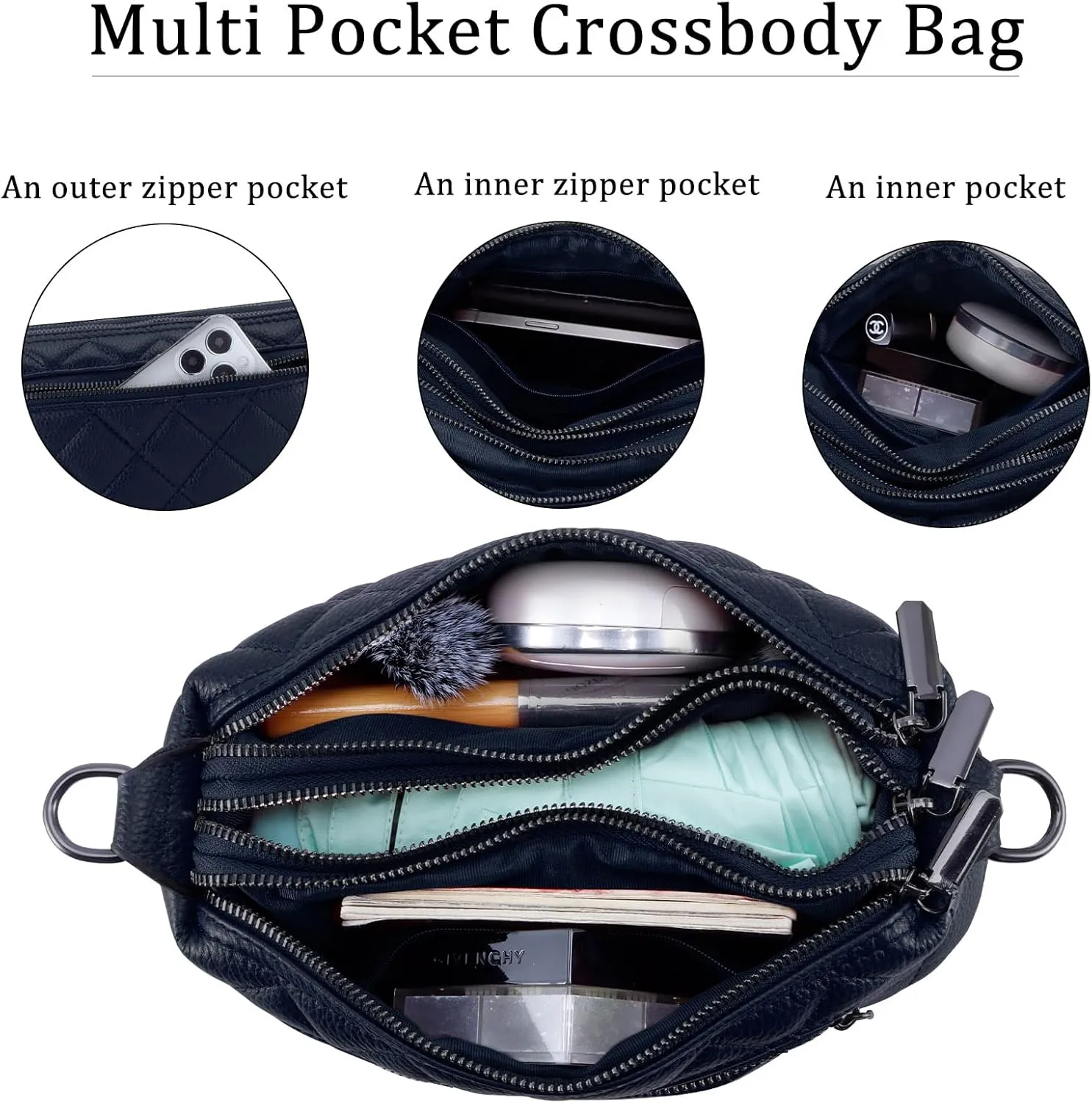 HUA ANGEL Crossbody Purses for Women, Leather Shoulder Handbags Sling Bag Crossboby Bags Triple Zipper Multi Pockets Purses