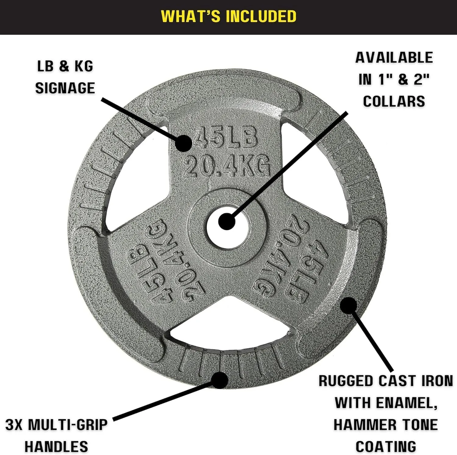 HulkFit 1 inch or 2 inch Cast Iron Weight Plate Set with Multi-Grip Handles and Enamel Coated for Barbells & Strength Training - Grey