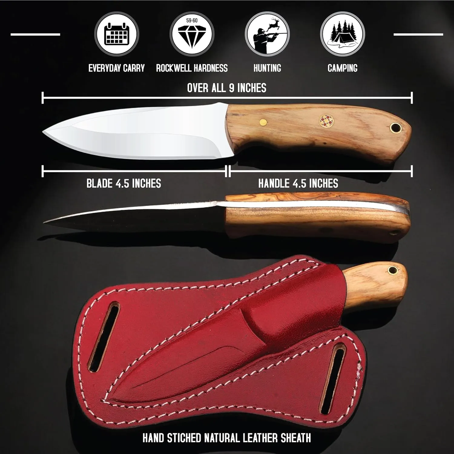 Hunting Knife with Leather Sheath 8-inches Full-tang Fixed Blade Handmade Stainless Steel Knives, Ideal for Skinning, Outdoor Camping, Hiking, Hunting - Rosewood Handle EDC Bushcraft Knives