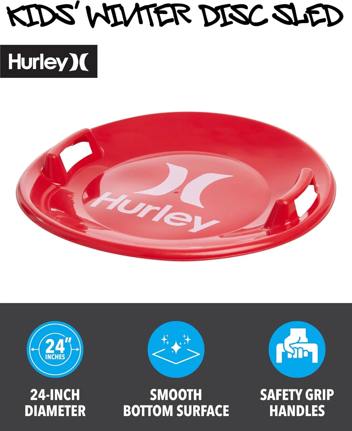 Hurley Winter Disc Sled - Cold-Resistant Heavy Duty Plastic Outdoor Snow Saucer Sled with Grip Handles for Kids and Adults