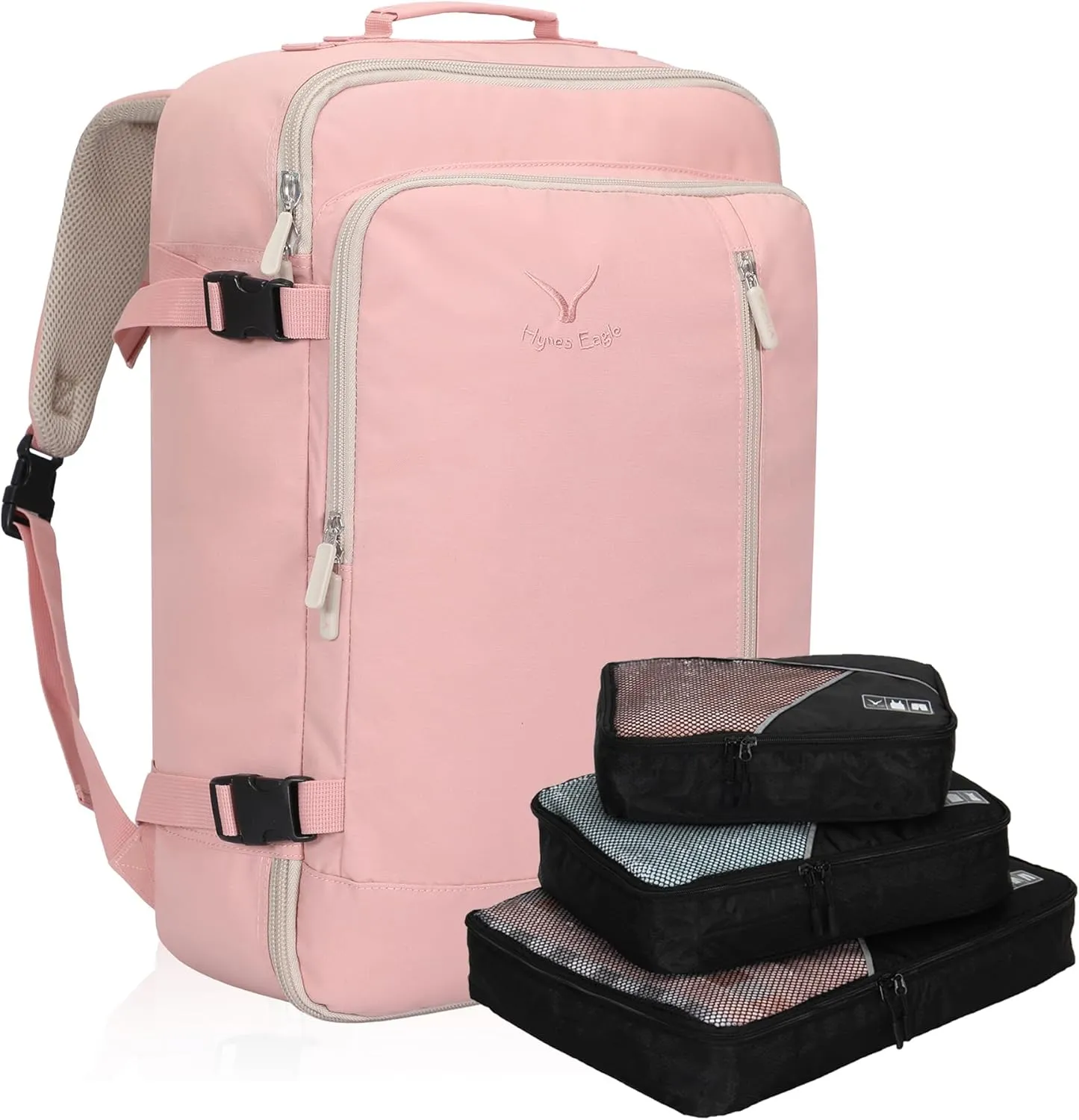 Hynes Eagle Carry on Backpack 38L Large Travel Backpack for Women Flight Approved Weekender Bag Laptop Backpack Men 15 inches Light Pink with 3PCS Packing Cubes Set Black