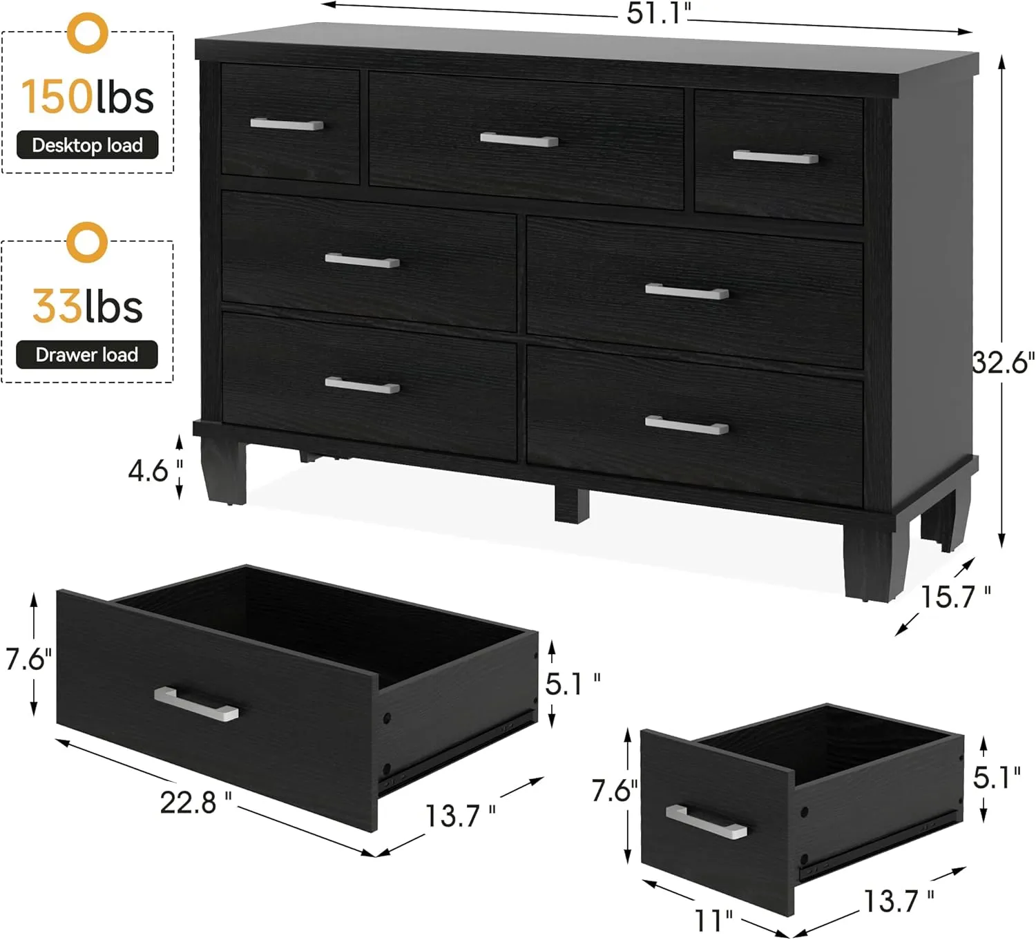 IDEALHOUSE Dresser for Bedroom with 7 Drawers, Modern Chest of Drawers Closet with Metal Handle, Wooden Dresser Organizer, for Bedroom, Living Room, Black