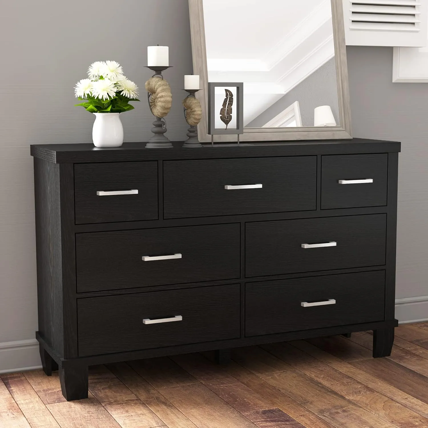 IDEALHOUSE Dresser for Bedroom with 7 Drawers, Modern Chest of Drawers Closet with Metal Handle, Wooden Dresser Organizer, for Bedroom, Living Room, Black