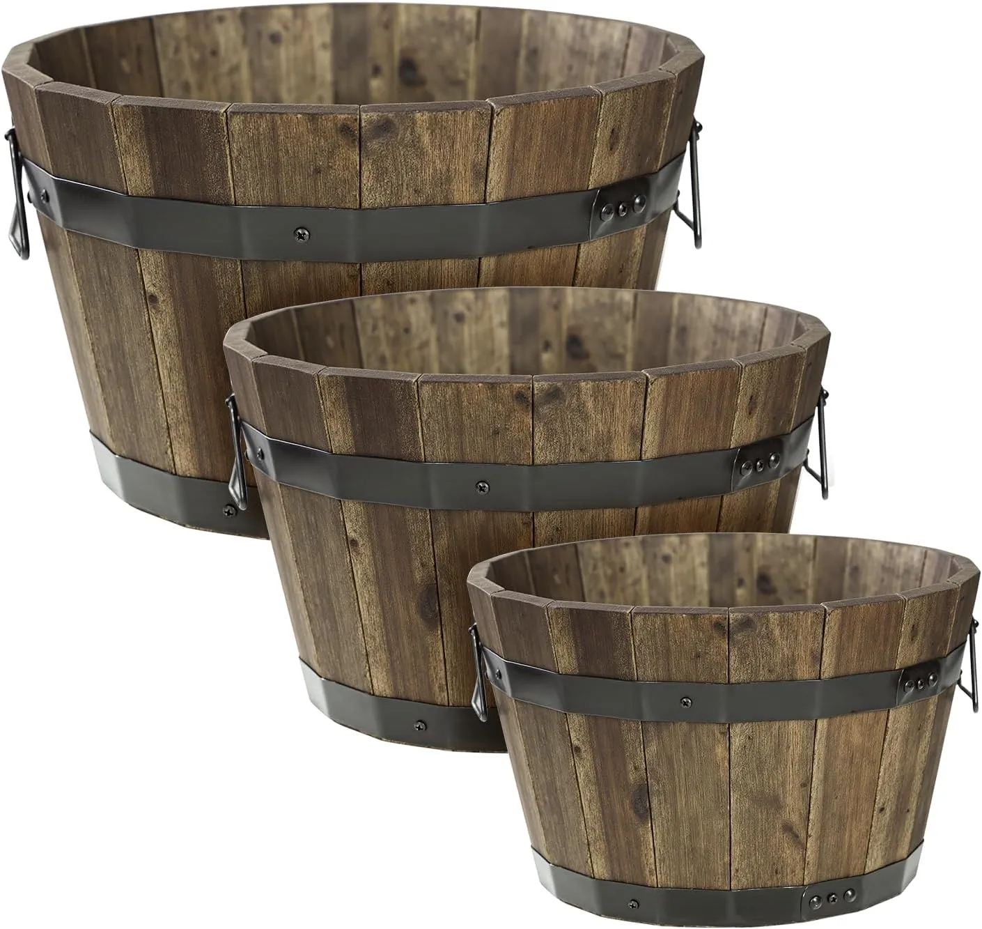 IDZO Set of 3 Wooden Flower Planters for Outdoor Plants, Acacia Wood Barrel Planters, Ergonomic Handles, Drainage Holes, Various Sizes, Walnut