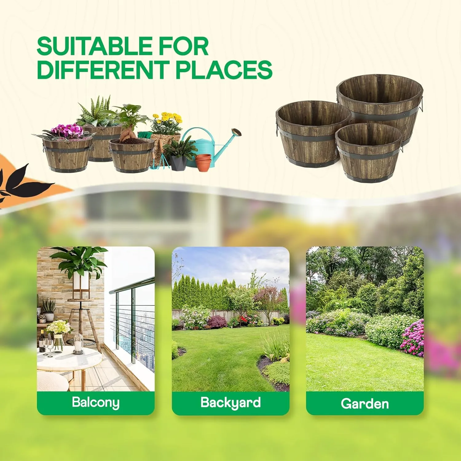 IDZO Set of 3 Wooden Flower Planters for Outdoor Plants, Acacia Wood Barrel Planters, Ergonomic Handles, Drainage Holes, Various Sizes, Walnut