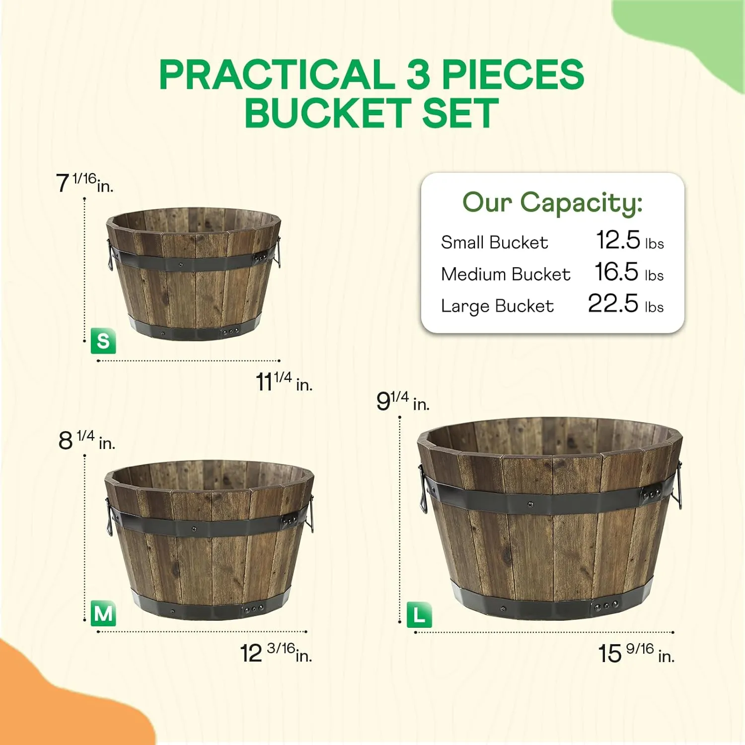 IDZO Set of 3 Wooden Flower Planters for Outdoor Plants, Acacia Wood Barrel Planters, Ergonomic Handles, Drainage Holes, Various Sizes, Walnut