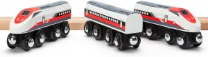 inc. Wooden Bullet Train, Wooden Train Set of 2 Modern Engines 1 Sleek Passenger Car with Magnetic Connectors, Compatible with Thomas & Friends, BRIO, Other Major Brands