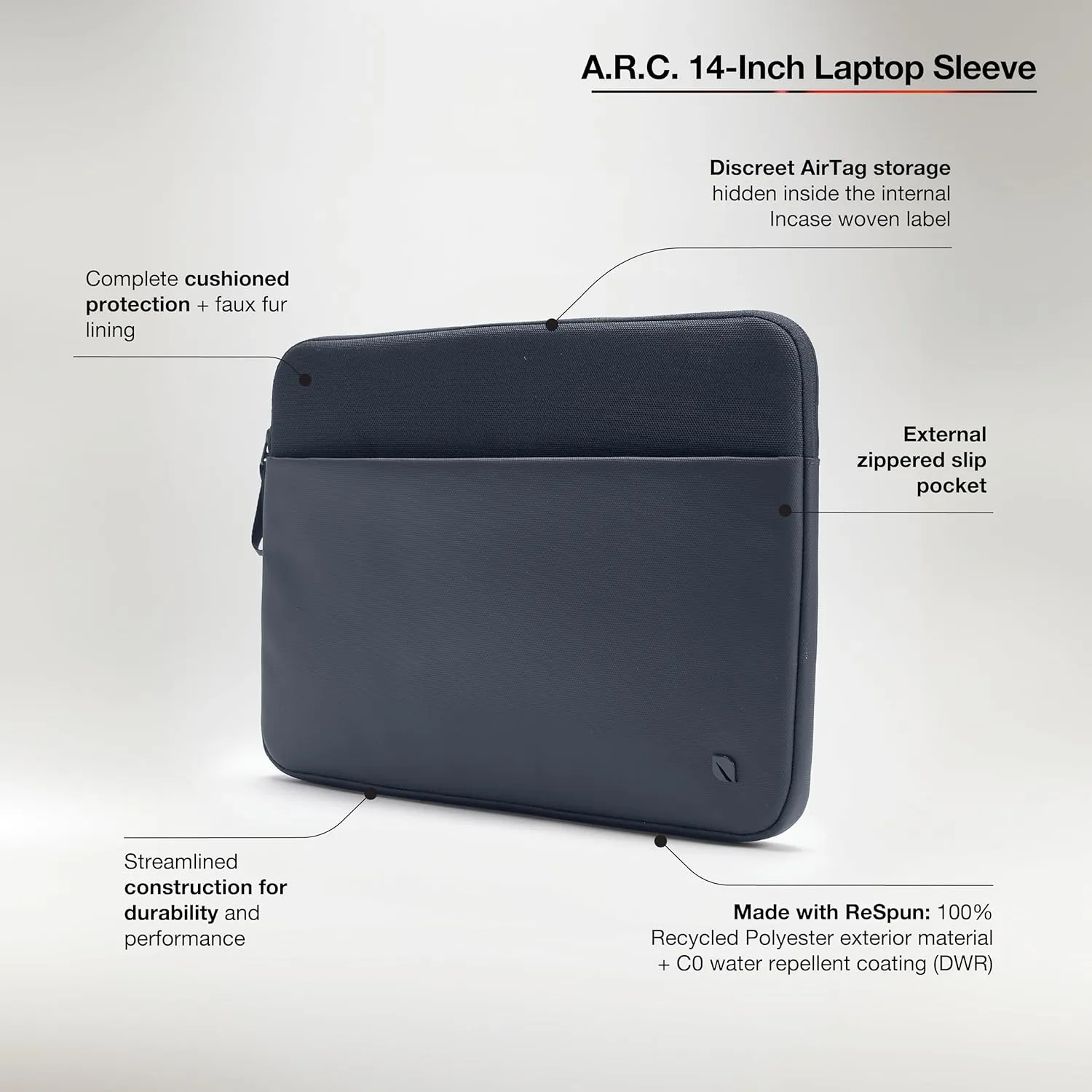 Incase A.R.C. Sleeve with ReSpun 100% Recycled Polyester - 13" & 14" MacBook/Laptop & iPad/Tablet Case - Cushioned Faux Fur Lining, External Zippered Slip Pocket - Navy